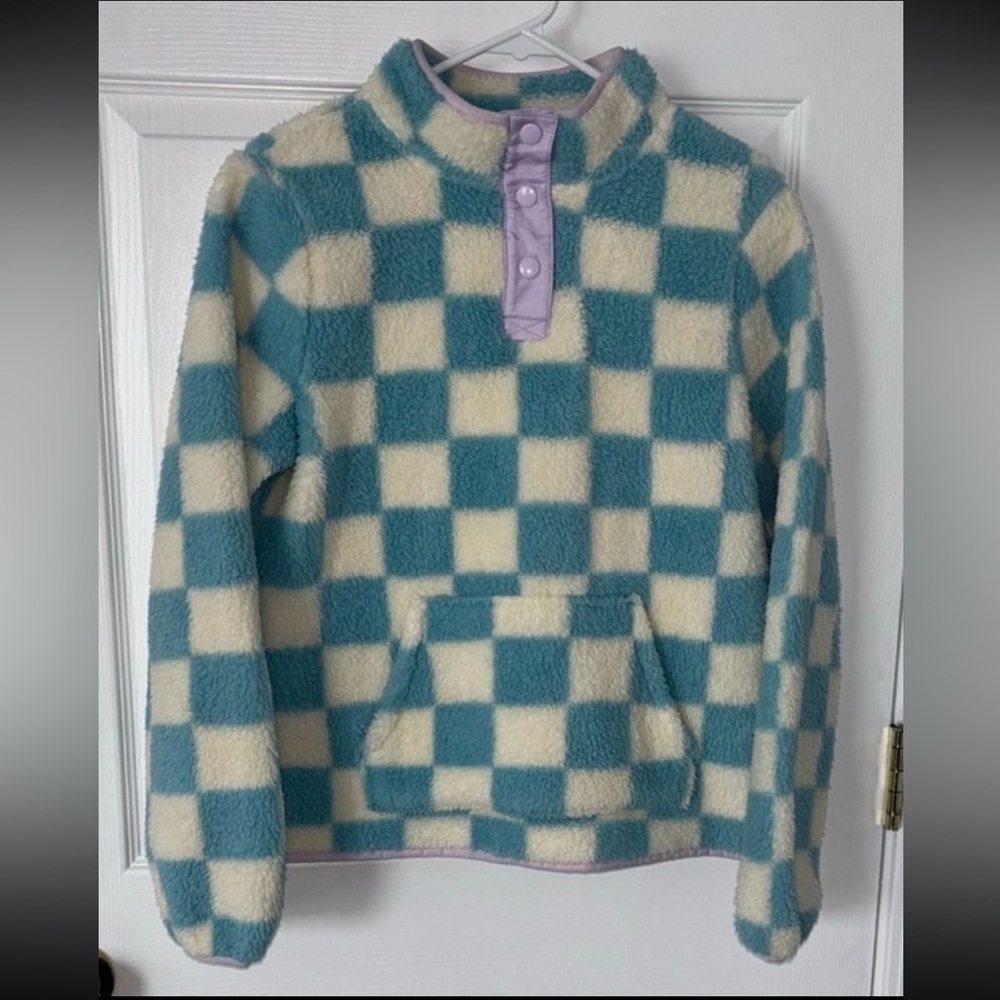 Kids Checkered Fleece Pullover - Blue and Cream
